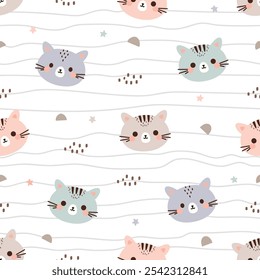Cute cat pastel seamless pattern. Childish Cartoon Animals Background. Design for textile, fabric, wrapping, wallpaper, print. Vector illustration