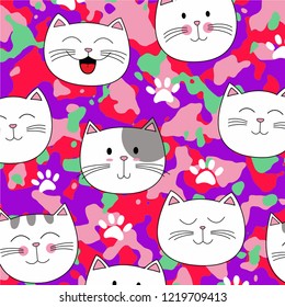 Cute cat pattern with camouflage background