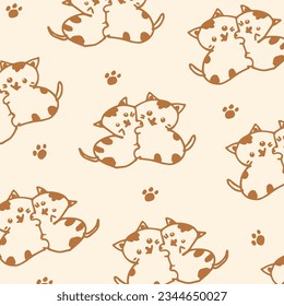 Cute cat pattern design on beige background. Wallpaper, fabric design and decoration.