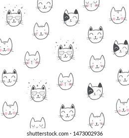 Cute cat pattern. Doodle style fun cat pattern drawing.