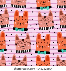 Cute cat pattern drawing colorful background seamless hand drawn. Funny objects decoration for baby and kids fashion textile print.