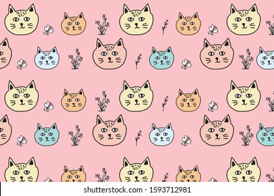 Cute cat pattern, hand drawn. background. digital printing.
