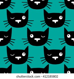 Cute cat pattern, made in simple flat style. Lovely vector drawing, can be used as background or wallpaper for a pet shop, veterinary or any cat related organization.