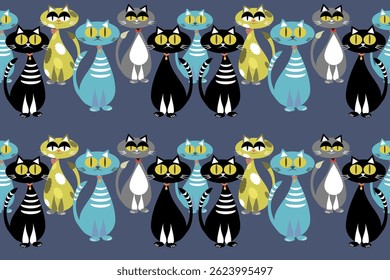 Cute cat pattern with multiple cats on a gray background