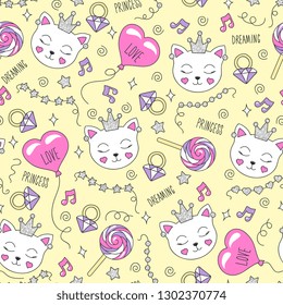 Cute cat pattern on a yellow background. Colorful trendy seamless pattern. Fashion illustration drawing in modern style for clothes. Drawing for kids clothes, t-shirts, fabrics or packaging.