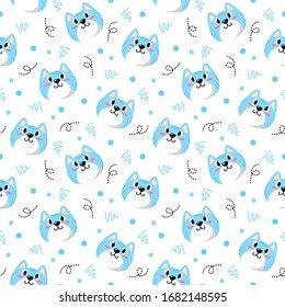 Cute cat pattern, pretty blue kitten with dot and line art design vector illustration