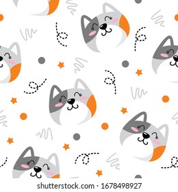 Cute cat pattern, pretty kitten with dot and line art design vector illustration on white background