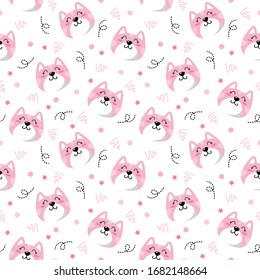 Cute cat pattern, pretty pink kitten with dot and line art design vector illustration