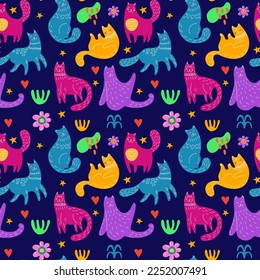 Patrón de gato lindo, animales escandinavos. Tigre al estilo de los niños, dibujo a mano infantil, estampado de arte funky. Decoración textil, envolvimiento de papel, diseño de papel pintado. Ilustración transparente del vector