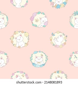 Cute cat pattern. Seamless background of adorable kittens with floral wreathes. Vector 10 EPS.