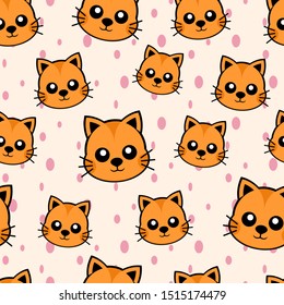 Cute Cat Pattern Seamless with Pink Dot and Pink Background, Vector Illustration - Vector
