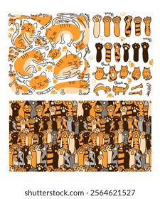 Cute Cat Paw Element Set. Seamless cat paw background. Set of cute cats. hand drawing. Not AI, Vector illustration.
