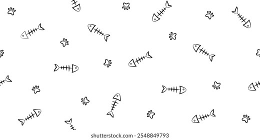 Cute cat paw and fish bone seamless background.