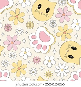 Cute cat paw florals vector seamless pattern. Cat lover background. 