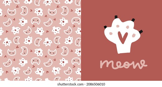 Cute cat paw, meow sign on terracotta background and coordinating pink kitten seamless pattern set. 