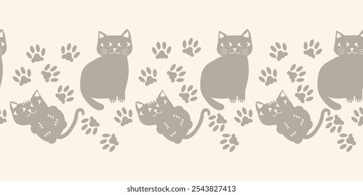 Lindo gato y pata neutro de Vector sin fisuras de fondo. Anuncio con siluetas de gatos sentados y acostados en un diseño disperso. Repetición animal beige crudo para productos felinos y para mascotas o blog.