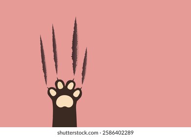 Cute cat paw with part of the cat’s hand and scratch marks on a pink background