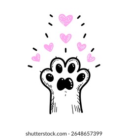 Cute Cat Paw with Pink Hearts Doodle Style Vector for Pet Lovers Design