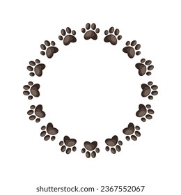 Cute cat paw print frame. Dog paw print circle frame. Pet foot trail border. Simple doodle drawing. Vector illustration isolated on white background.