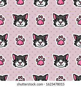 Cute cat and paw print seamless vector pattern. Hand drawn kawaii pet kitten on polka dot background. Adorable feline face with paw pads home decor. Fur, pussycat all over print.