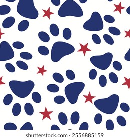 Cute cat paw prints in USA national flag blue red white seamless vector pattern patriotic background