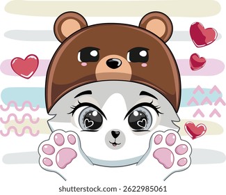 Cute cat with paws in bear hat. Kids drawing on white background.