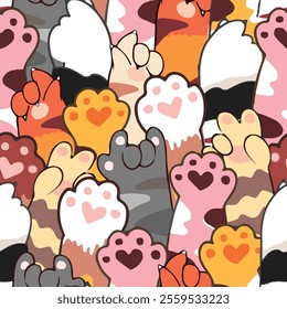 Cute cat paws cartoon seamless pattern