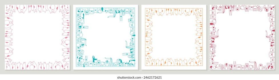 Cute cat paws and dog heads frames. Colorful full vector decorations