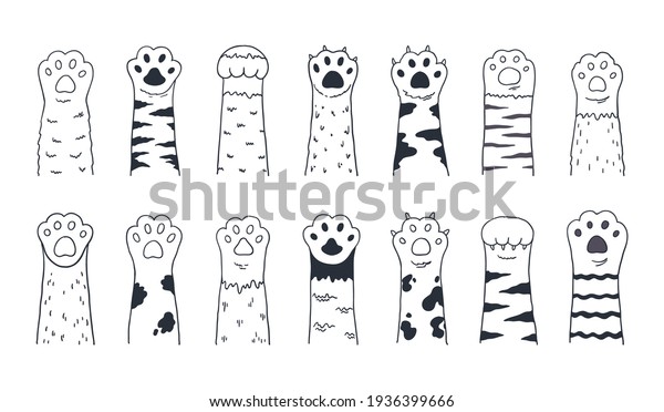 Cute cat\
paws. Doodle kitten and puppy limbs, wild or domestic animals furry\
feet with claws. Cartoon sketch of contour body parts. Black and\
white pets legs. Vector minimal\
background