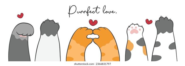 cute cat paws forming a mini heart and various adorable gestures in this endearing pet illustration banner. Perfect for animal lovers, this minimalistic cartoon doodle.