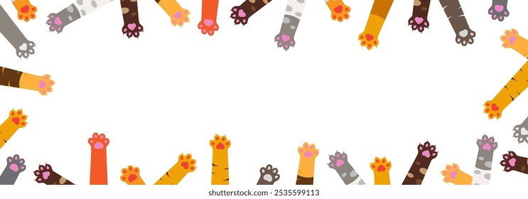 cute cat paws frame for background, banners, covers, template with natural cat colors with different movement in paws