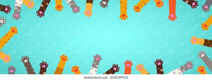 cute cat paws frame in light blue background with white paws background banner template for covers, posters, events, cat day, lovers