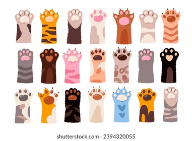 Cute cat paws set. Domestic pet foot isolated on white background. Collection of kitten legs. Flat vector illustration