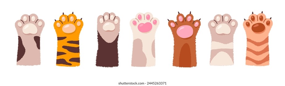 Cute cat paws set. Domestic pet foot isolated on white background. Collection of kitten legs. Flat vector illustration
