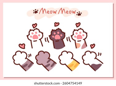 Cute Cat Paws in Various Colors and Gestures Hand-Drawn Cartoon Art