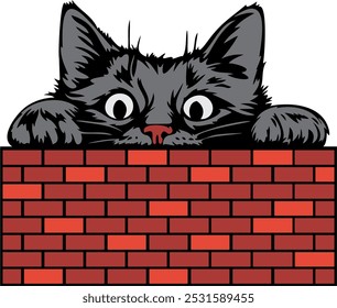 Cute Cat Peeking behind bricks wall, Black Kitty, Peeking Clipart, Striped Kittens, Fur Kitten, Silhouette, Head Vector, Cute Kittens Illustration, Bricks Wall, Red Brick Wall