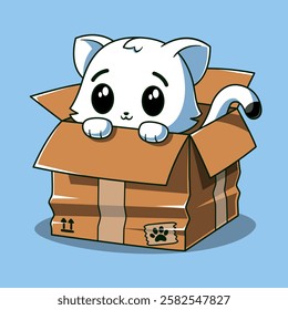 Cute Cat Peeking from Box Cartoon Vector Icon Illustration Animal Pet Icon Isolated Flat Vector