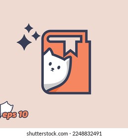 Cute cat peeking from inside book tutorial, in trendy style. Vector illustration.