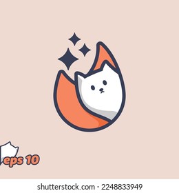 Cute cat peeking from inside fire icon, in trendy style. Vector illustration.