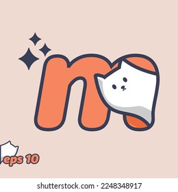 Cute cat peeking from inside letter M, in trendy style. Vector illustration.