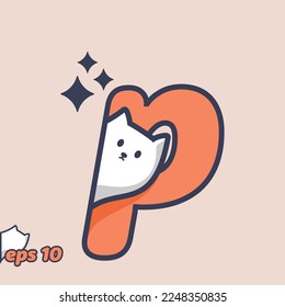 Cute cat peeking from inside letter P, in trendy style. Vector illustration.