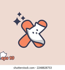 Cute cat peeking from inside letter X, in trendy style. Vector illustration.