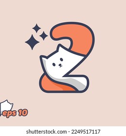 Cute cat peeking from inside number 2, in trendy style. Vector illustration.