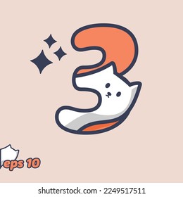 Cute cat peeking from inside number 3, in trendy style. Vector illustration.