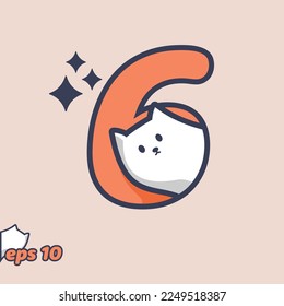 Cute cat peeking from inside number 6, in trendy style. Vector illustration.