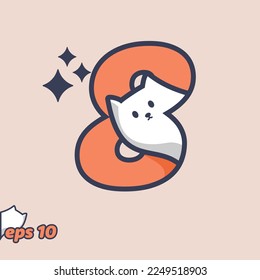 Cute cat peeking from inside number 8, in trendy style. Vector illustration.