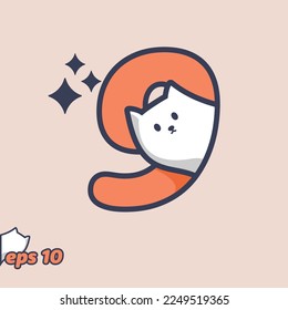 Cute cat peeking from inside number 9, in trendy style. Vector illustration.