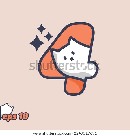Cute cat peeking from inside number 4, in trendy style. Vector illustration.