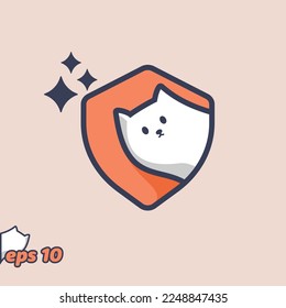 Cute cat peeking from inside shield icon, in trendy style. Vector illustration.