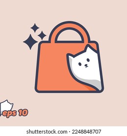 Cute cat peeking from inside shop icon, in trendy style. Vector illustration.